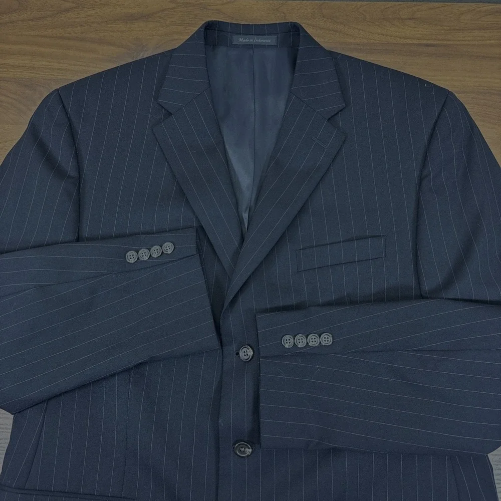 LAUREN Ralph Lauren Black Pinstripe 100% Wool 3 Button Summer Suit Jacket Sz 44L